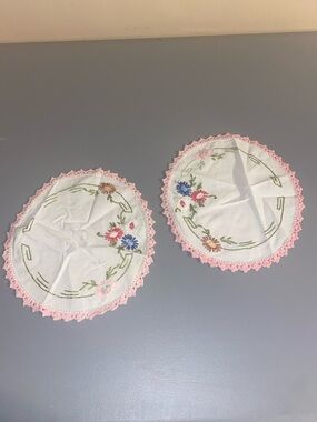 Embroidered Round Floral Doilies with Pink Crochet Edge (Pair)